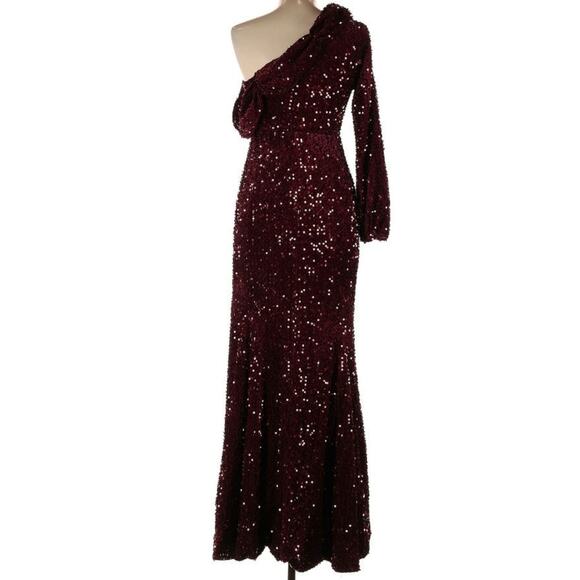 Burgundy Sequin Maxi One Shoulder Dress - Picture 3 of 4